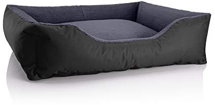 BedDog Hundebett Teddy, Hundesofa aus Cordura und Microfaser-Velours, waschbares Hundebett mit Rand, Hundekissen Vier-eckig, für drinnen, draußen, Größe XL, schwarz-grau
