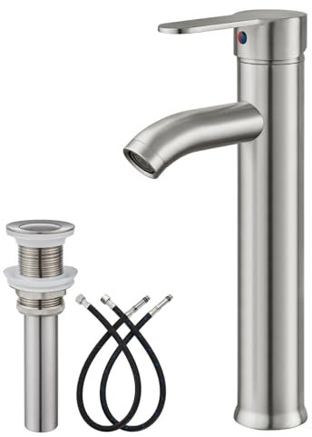 gotonovo Badezimmer-Waschbecken-Wasserhahn, Waschtischmischer, Bar-Wasserhahn, Kombi-Einloch, Einhandgriff, Deckmontage mit Wasserversorgungsleitungen, gebürstetes Nickel, Gefäß mit