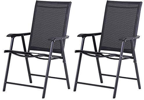 Outsunny Set of 2 Folding Garden Chairs, Metal Frame Garden Chairs Outdoor Patio Park Dining Seat with Breathable Mesh Seat, Black