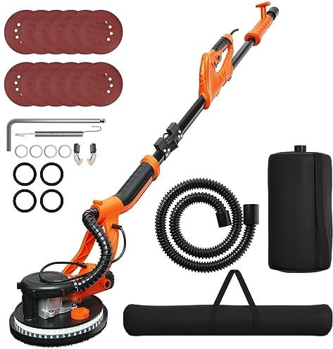 COSTWAY Levigatrice per Muro a Secco 750W, Levigatrice Elettrico per Cartongesso Pieghevole Estensibile, Velocità Regolabile 800-1750RPM, con Luci LED e 12 Dischi Abrasivi