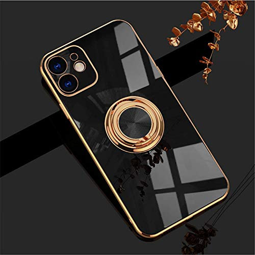 EYZUTAK Electroplated Magnetic Ring Holder Case, 360 Degree with Rotation Metal Finger Ring Holder Magnet Car Holder Soft Silicone Shockproof Cover for iPhone 12 6.1 inch - Black