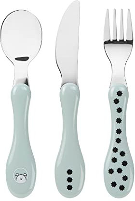 LÄSSIG Juego de cubiertos infantiles (3 piezas, cucharas, tenedor, cuchillo, acero inoxidable, mango de plástico, 3 piezas) Little Chums Dog