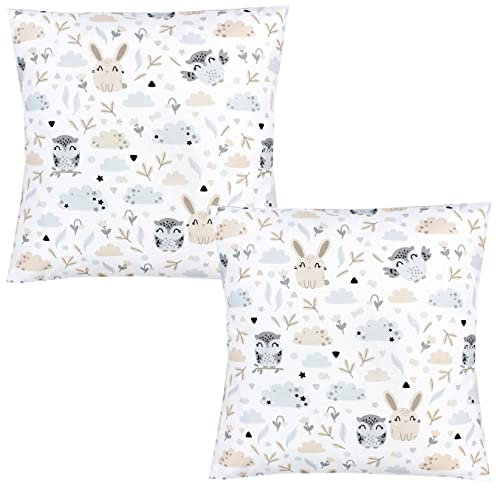 TupTam Kinder Kissenbezug Dekorativ Gemustert mit Hotelverschluss 2er Set, Farbe: Hase/Eule, Größe: 50 x 50 cm