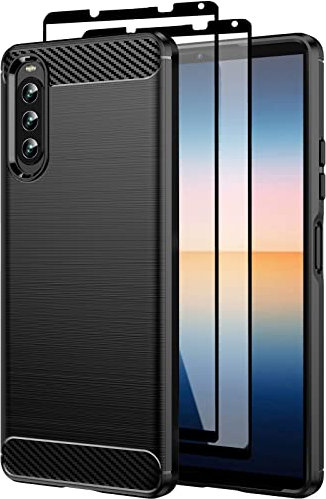 Teayoha Case for Sony Xperia 10 IV,with Tempered Glass Screen Protector [2 Pack], Carbon Fiber Scratch Resistant, Shock Absorption Soft TPU Drawing Protective Cases Phone Cover - Black