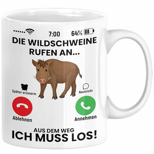 Trendation - Die Wildschweine Rufen An Tasse Geschenk für Jäger Lustiger Spruch als Geschenkidee zum Jagen (Weiß)