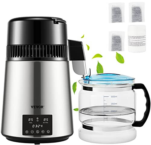 VEVOR Destilador de Agua 4L Filtro de Destilación de Agua con Recipiente de Vidrio 750 W 1 L/H Ajuste de Velocidad, Destilación Filtro Purificador de Acero Inoxidable Temperatura Doble 7,9lbs, Plata