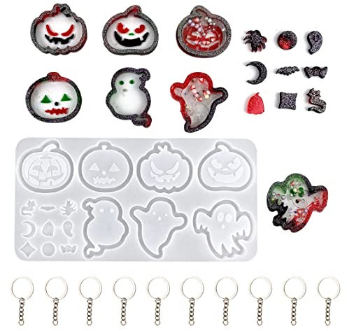 HyzaPhix Resin Shaker Moulds Halloween Quicksand Silicone Mould Epoxy Casting Mold Jewellery Making Supplies with 10pcs Key Ring with Chain for DIY Ghost Pumpkin Keychain Pendant (11PCS)
