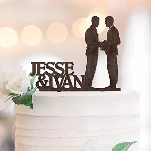 Tortenaufsatz für Schwulenpaare, braunes Holz, Retro, Gay His and His Wedding Cake Topper, Silhouette, Liebe, zwei Männer, Hochzeit, Party, Gastgeschenke, personalisierbar mit Namen, Datum, Männer,
