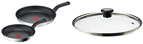 Tefal 2 Piece Comfort Max, 24cm & 28cm Frying Pans, Stainless Steel, Silver & 28097712 Compatible Glass Lid, Steam Vent, 28 cm - Transparent
