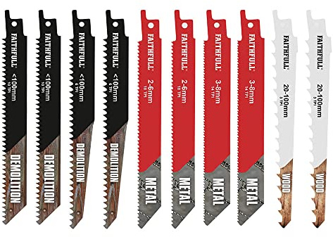 Faithfull FAISBSSET106 10 Piece Sabre Saw Assorted Blade Set With Case Includes Metal and Wood Blades