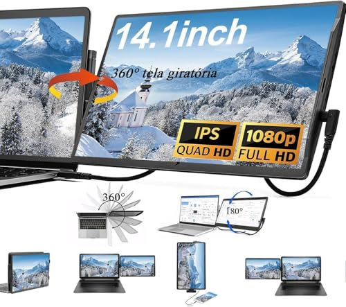 Kasituny 14'' Full HD Portable Monitor, Extension D'écran Supplémentaire pour Pc Portable, Deuxième écran avec Rotation à 360 Degrés, Compatible avec Mac, Windows, Chrome