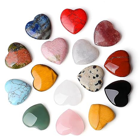 QINJIEJIE 15PCS Natürlicher Edelsteine Herz Poliert Kristalle Steine Herz Handschmeichler Stein Bunte Glückssteine Reiki Steine Set Kristallsteine für Dekoration