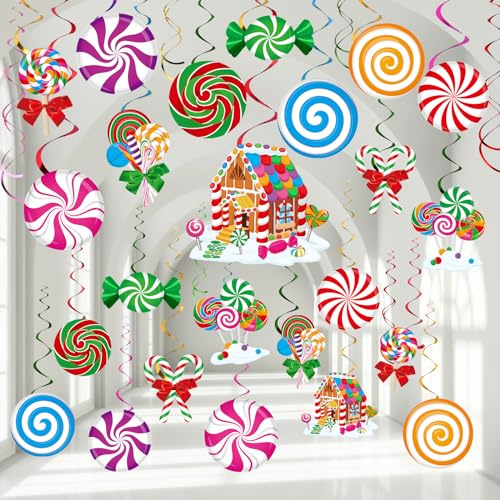 54 Pcs Candy Hanging Swirls Decoration Lollipop Candy Party Ceiling | Lollipop Peppermint Candy Cane Swirl Ornaments, Colorful Spiral Ribbons, Double-sided Cardstock, Birthday Celebration Decor