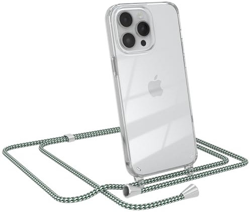 EAZY CASE - Kette Schutzhülle - kompatibel mit iPhone 14 Pro Max, Stoßfest Fallschutz Bumper Schutzhülle, Handy Straps, Silikonhülle, Handykette abnehmbar, Hell Grün Camouflage mit Clips Silber