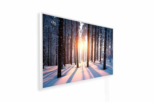 Könighaus Infrarotheizung – 4 Jahreszeiten – TÜV SÜD - 1200 Watt + Könighaus Thermostat - Weißer Rahmen (Winter Motiv: 06. Schneewald)