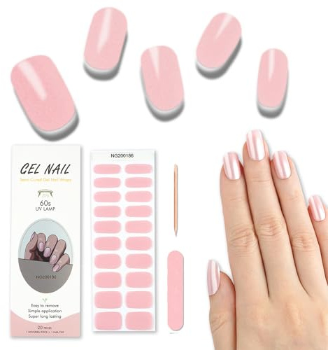 Foyute Semi Cured Gel Nail Strips, 20 Pcs Soft Self-Adhesive Gel Nail Polish Wraps Sticker for Salon-Quality Manicure Set,Long Lasting,Easy to Apply & Remove, Nail File & Wooden Stick
