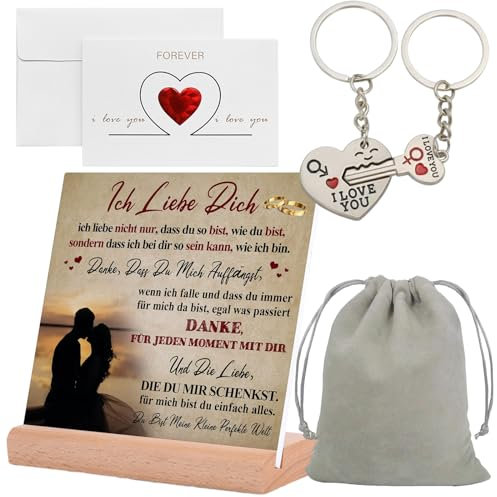 5 Stück Valentinstag Set, Valentinstag Kreidetafel, Liebe Karte, Herz Schlüsselanhänger und grau Samt Tasche, Liebe Geschenk für Paar, Mann, Frau, Ihn, Sie