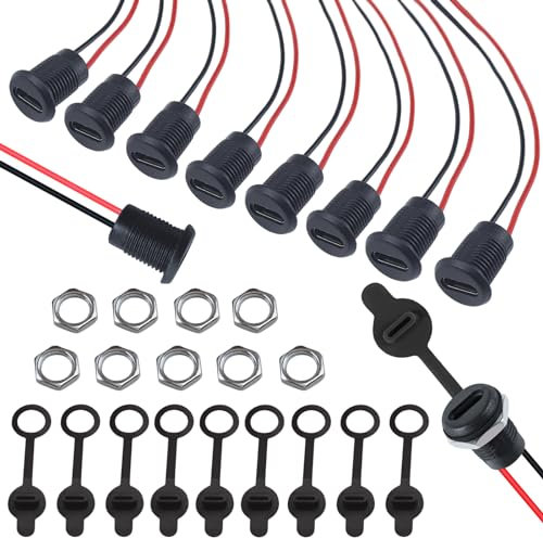 Rierousy 10 Pcs wasserdichte USB C Buchse, 2-Draht Einbau USB C Einbaubuchse, Typ-C-Buchse, USB c Buchse Löten mit Muttern Staubkappe
