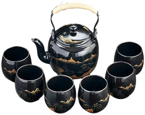Generic Lot de 7/8 pièces en céramique japonaise - Avec poignées - Grande capacité et tasses à thé pour boissons chaudes et froides - Paysage - Théière (noir)