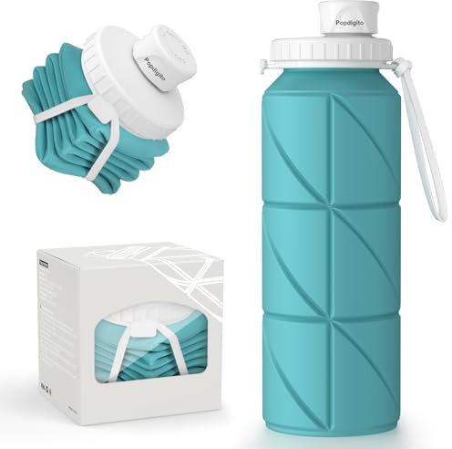 Popdigito Botella de agua plegable de silicona para viaje, a prueba de fugas, flexible, sin BPA, portátil, botella de agua plegable ligera para camping, senderismo, deportes, viajes, 23 onzas