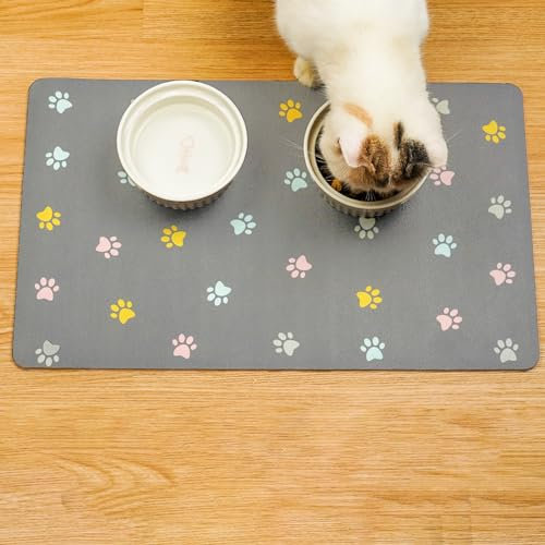 Solday Tapis de Nourriture pour Animaux de Compagnie pour Chiens et Chats - 50 x 30 cm - Tapis de gamelle en Silicone imperméable et antidérapant (Gris Clair)