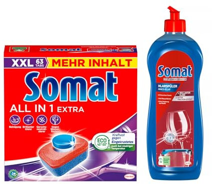 SOMAT Tabs 63 AW all in 1 Extra, Geschirrspül Tabs für strahlende Sauberkeit, bekämpfen selbst eingetrocknete Rückstände + Somat Duo Power Experten Klarspüler 750ml