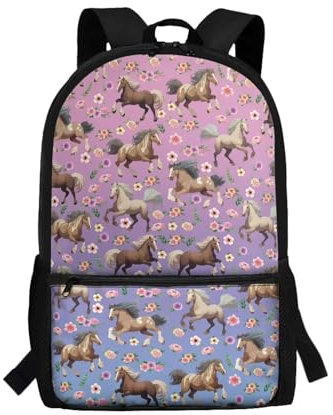 POLERO Rucksack mit 3D-Druck, Schultasche für Kinder, Teenager, lässiger Tagesrucksack, leichter Reiserucksack, Pferd und Blumen, Einheitsgröße