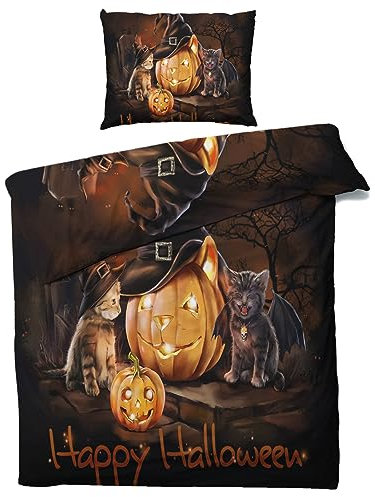 MOBEITI Halloween Bettwäsche 135x200, Kürbis Katzen Wendebettwäsche - Deko & Geschenke, Weiche Mikrofaser Bettbezug Set 2teilig, mit Reißverschluss, 1 Kissenbezug 80x80