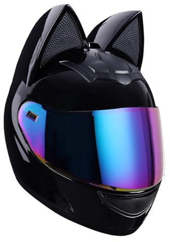 QJWMatic Casco da Moto con Orecchie di Gatto, caschi integrali con Visiera, caschi da Motocross, omologati ECE per Uomini e Donne Adulti, Quattro Stagioni K,S50-53CM
