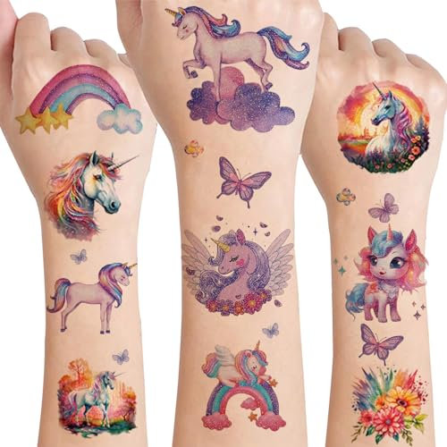 Drookaen Glitzer Einhorn Tattoo Kinder, 12 Blätter Glitzertattoos Mädchen, Wasserdichte Kindertattoos Aufkleber, Einhorn Geschenke für Mädchen, Glitzertattoos Kinder Set