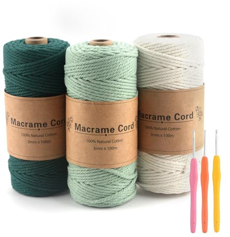 Yozexin 3 Stück Makramee Garn, makramee garn 3mm, Makramee Garn Set Grün Mit 3 Größen von Häkelnadeln, Garn für DIY Handwerk, Weben Dekoration, Hängepflanze Pflanze Aufhänger, 3x100M