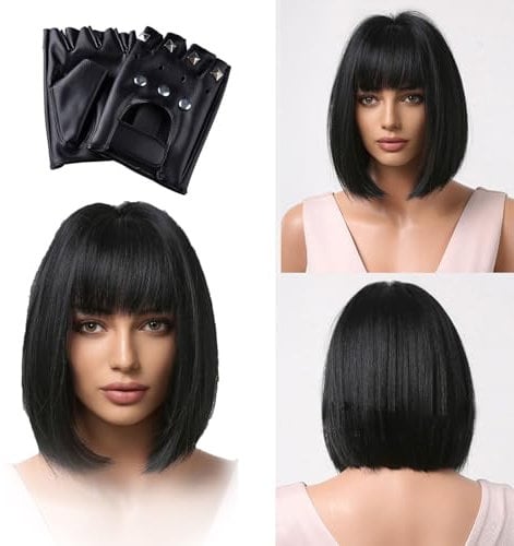UILYNIU Black Bob Wig Studded Gloves Short Bob with Fringe Short Synthetic Straight Wig for Women Adults TV Character Ladies Glamour Wigs Fancy Dress Adult Dress Up Wigs(Black)