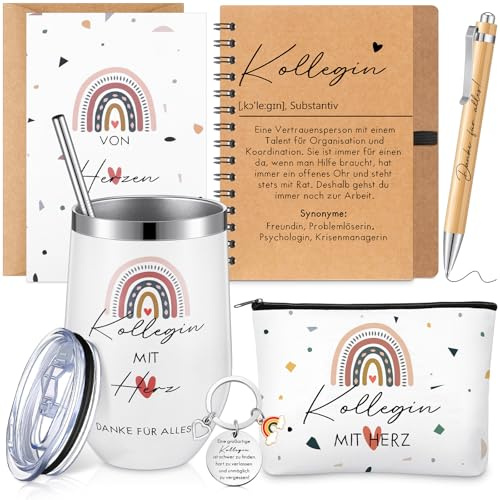 Sinmoe Danke Geschenke für Kollegen Abschiedsgeschenk Kollegin | Tasse Kollegin Thermosbecher 16 oz, Schlüsselanhänger, Notizbuch, Kosmetiktasche, Dankeskarte Geschenk für Arbeitskollegin