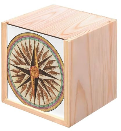 Fabulous Scatola in legno Cofanetto - Rosa dei Venti Bussola Antica Pittura Strumenti di Navigazione Vintage (10 x 10 x 10 cm)