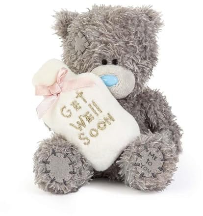 Me to You Tatty Teddy Plush 10cm-High Get Well Soon Bear Holding Novelty Hot Water Bottle - Official Collection, Grey