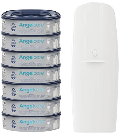 Angelcare Poubelle à Couches Classic XL avec Recharge Octogonale Anti-Odeur Haute Capacité + 6 Recharge Poubelle à Couches – Octogonale