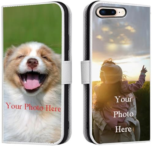 FortiCase Personalised Phone Case for iPhone 8 Plus,PU Leather Flip Cover,with Card Slots,Holder Cases,Design Your Own Photo Image,Text Personalised Case - White-LN4