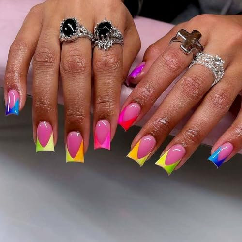 Long Square False Nails - 24pcs Press on Nails French Tip - Colourful Rainbow Ombre Stick on nails - Strong Fake Nails with Glue - Square French nail Tips Long Last for Summer Nail Art