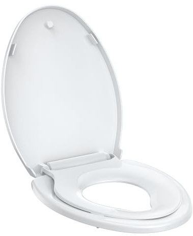 Toilet Seat Cover, White Elongated Toddler Toilet Seat with Quick-Release Design, Child-Friendly and Adult-Friendly, Sturdy Hinges, Fits 19-Inch Toilets, Ideal for Family Use