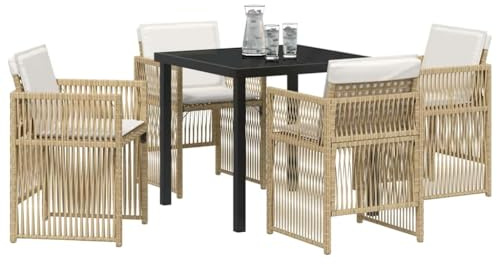 vidaXL 5-Piece Garden Set with Beige Cushions in Poly Rattan, Black Garden Table 80 x 80 x 73 cm Tempered Glass