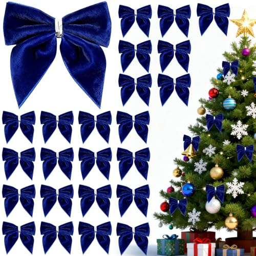 UBJUBT 24 PCS Navy Velvet Bows Christmas Tree, 6.5 x 5.5 cm Bows for Christmas Tree, Christmas Tree Decorations Bows Suitable for Gift Bags/Gift Boxes/Wreaths Party Decorations