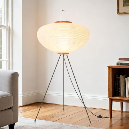 YESINTO Reispapier Papier Stehlampe,Bodenlampe Wohnzimmer,Stehleuchte Mit Papierschirm Für Schlafzimmer Und Kinderzimmer,Kleine Stehlampe E27 Büro,Fußknopfschalter,Cremeweiß,Japanische Designstil
