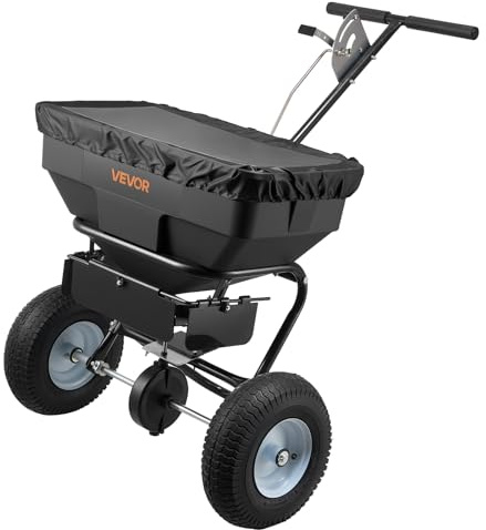 VEVOR Esparcidor de Empuje Manual Capacidad de 59 kg, Esparcidor de Compost con Neumáticos y Tolva, Ancho de Esparcimiento de 0 a 3,66 m para Semillas y Fertilizantes, para Jardín, Césped, Patio