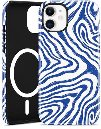 Jusy Magnetische Zebra-Print Hülle für iPhone 12/12 Pro, Blau | Aesthetic Zebra-Print Muster Handyhülle, Kompatibel mit MagSafe, Zweischichtige Stoßdämpfend