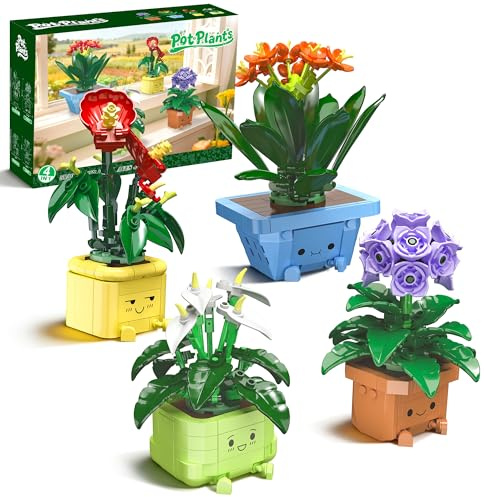 WIDELAND Botanicals Happy Plants Toy, Flowers Bonsai Building Set, 4 Artificial Colourful Flower Pots & Cartoon Faces, Botanical Collection for Home&Office Desk Decor，Gift for Kids 8 +