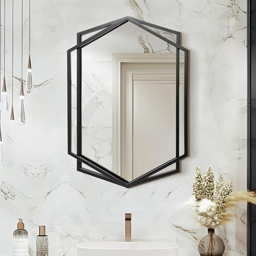 Hometopia Spiegel Schwarz 70x50cm, Dekorative Wandspiegel mit Metallrahmen | Modern HD Spiegelglas Badspiegel, Hexagon Design Hängespiegel Dekospiegel für Flur Wohnzimmer Badezimmer Schlafzimmer