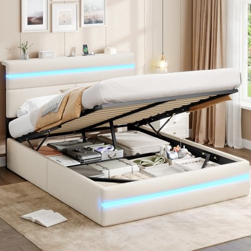 AOGLLATI Bett 140x200 mit Hydraulischem Stauraum, Polsterbett Doppelbett mit LED-Kopfteil & Ladestation (3 USB + 1 Type-C), Jugendbett mit Lattenrost, Boxspringbett, Beige Leinen (ohne Matratze)