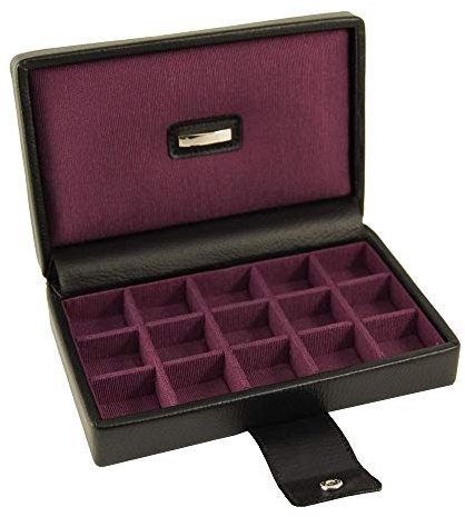 Dulwich Designs Park Lane Scatola Porta Gemelli Classica in Vera Pelle da 15 Pezzi, Colore Nero Executive e Fodera Viola in Gros Grain