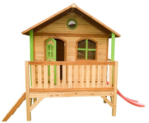 AXI Spielhaus Stef mit roter Rutsche | Stelzenhaus in Braun & Grün aus FSC Holz für Kinder | Spielturm für den Garten..
