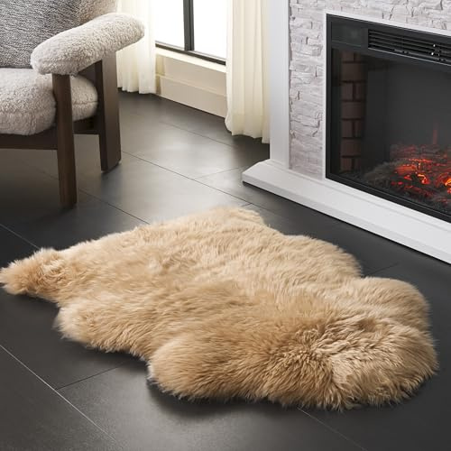 SAFAVIEH Tierdruck Teppich für Wohnzimmer, Esszimmer, Schlafzimmer - Fur Collection, Hoher Flor, Naturbeige, 61 X 91 cm